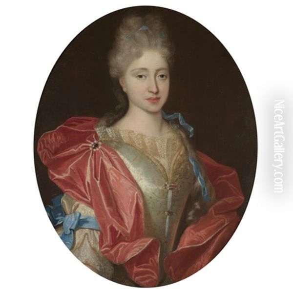 Portrait Of A Lady, Half Length, In A White Embroidered Silk Dress With Blue Ribbons And A Red Silk Wrap Oil Painting by Nicolas de Largilliere