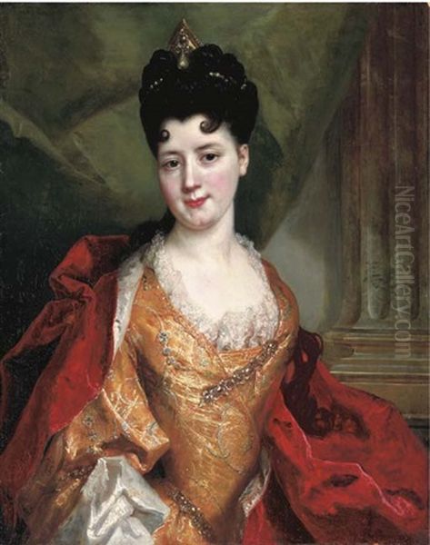 Portrait Of A Lady (member Of The De Gagne De Perrigny Family?) In A Gold Dress Embroidered With Silver Thread And Lace Trimmings... Oil Painting by Nicolas de Largilliere