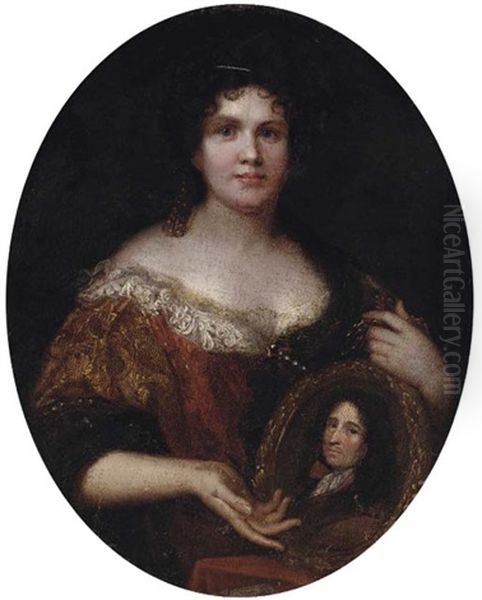 Portrait Of A Lady, Half-length, In A Red And Gold Dress With White Lace Trim, Holding A Framed Portrait Of Her Husband Oil Painting by Nicolas de Largilliere