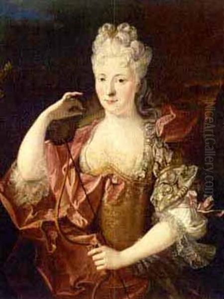 A Portrait Of A Lady As Diana Wearing A Pink Silk Dress Oil Painting by Nicolas de Largilliere