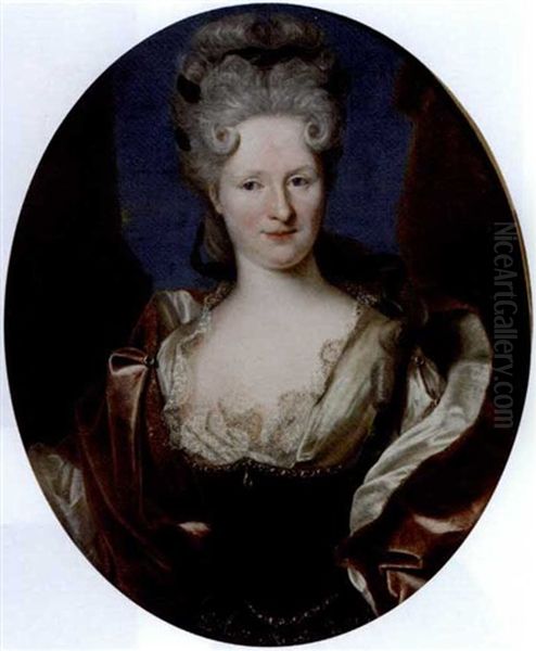 Portrait Of A Lady In A Green Velvet Dress With A Red Wrap And A Green Velvet Ribbon In Her Hair Oil Painting by Nicolas de Largilliere