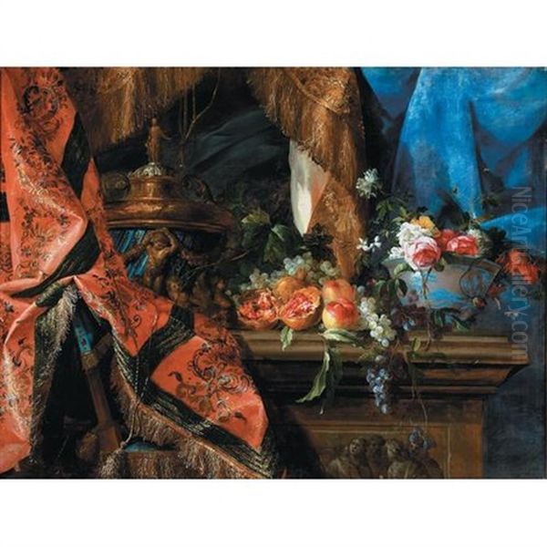 A Still Life With Roses And Other Flowers In An Oriental Bowl With Pomegranates And Grapes On A Classical Balustrade With A Rug Draped Over A Chair Oil Painting by Nicolas de Largilliere