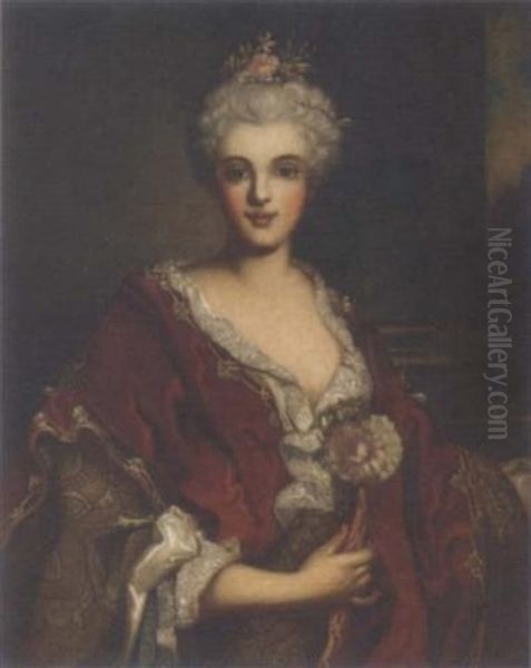 Portrait Of A Lady In A Red Shawl And Pearl Head-dress Oil Painting by Nicolas de Largilliere