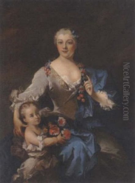 Portrait Of A Lady And Child In A White Dress And Blue Wrap, The Child Holding Flowers Oil Painting by Nicolas de Largilliere