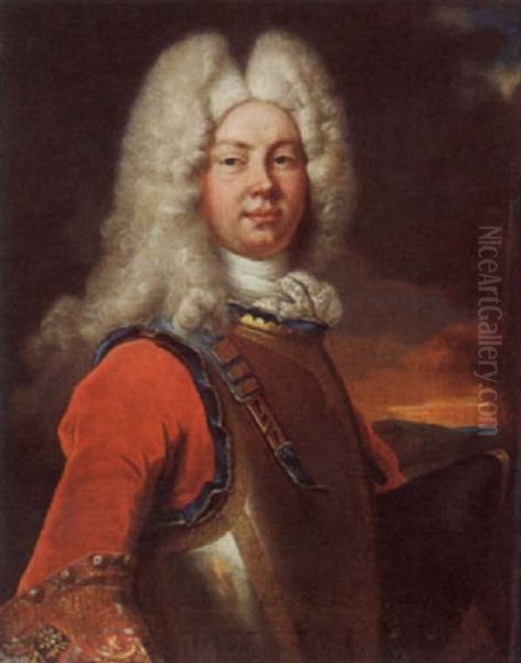 Portrait Of A Gentleman Wearing A Red Velvet Coat With Embroidered Cuffs, A White Lace Scarf, A Cuirass And A Wig Oil Painting by Nicolas de Largilliere