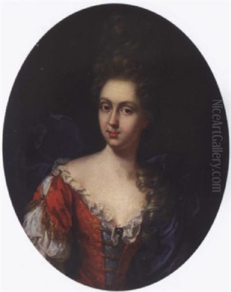 Portrait Of A Lady, Wearing A Red Dress And A Blue Shawl Oil Painting by Nicolas de Largilliere