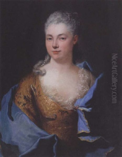 Portrait Of A Lady Wearing An Ochre Dress And A Blue Mantle Oil Painting by Nicolas de Largilliere