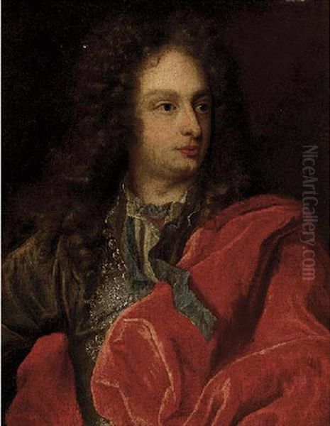 Portrait Of A Gentleman In A Grey Coat With A Red Cloak Oil Painting by Nicolas de Largilliere