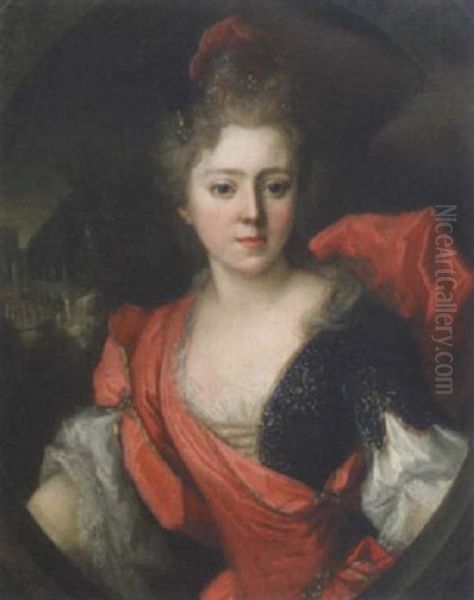 Jeune Femme De Qualite Sur Fond De Chateau Oil Painting by Nicolas de Largilliere