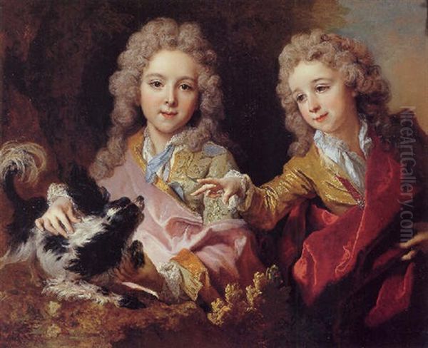 Portrait Of Francois Pommyer And Yves-joseph-charles Pommyer Playing With A King Charles Spaniel Oil Painting by Nicolas de Largilliere