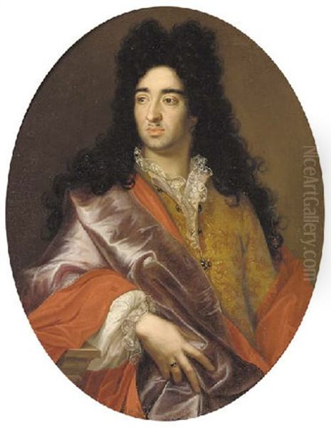 Portrait Of A Gentleman In A Gold Brocade Coat, A Lilac Wrap And A Lace Chemise Oil Painting by Nicolas de Largilliere