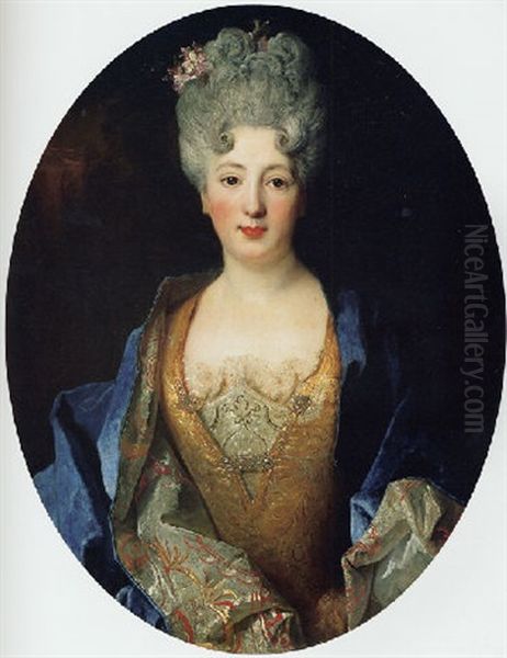 Portrait Of A Lady (marie-adelaide De Savoie?) In An Embroidered Gold Dress And Blue Mantle Oil Painting by Nicolas de Largilliere