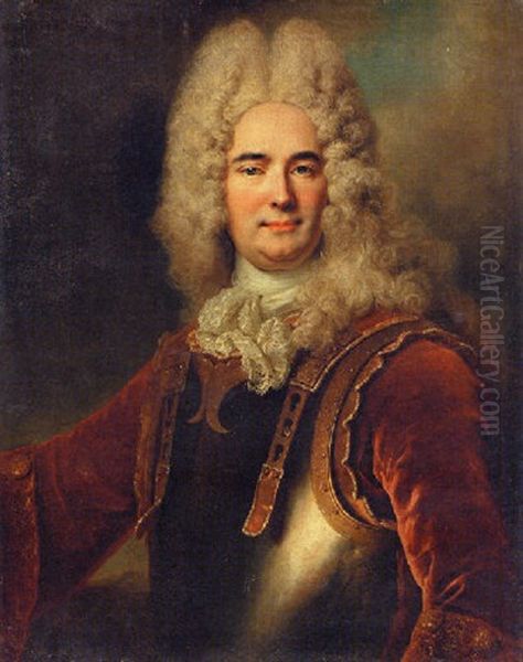 Portrait Of A Gentleman (the Chamberlain De Montargu?) Wearing A Breastplate Over A Red Velvet Jacket Oil Painting by Nicolas de Largilliere