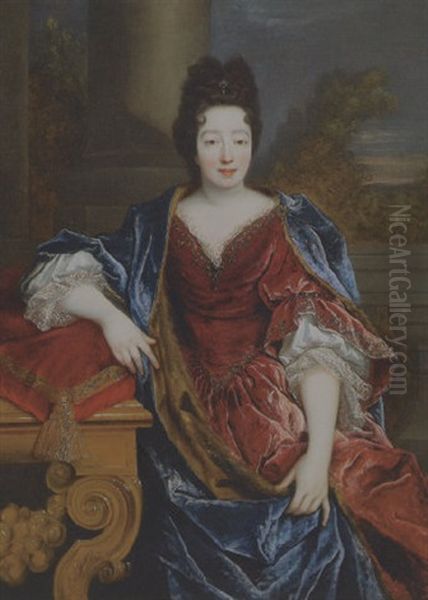 Portrait Of A Lady On A Terrace By A Console Table, A Landscape Beyond Oil Painting by Nicolas de Largilliere