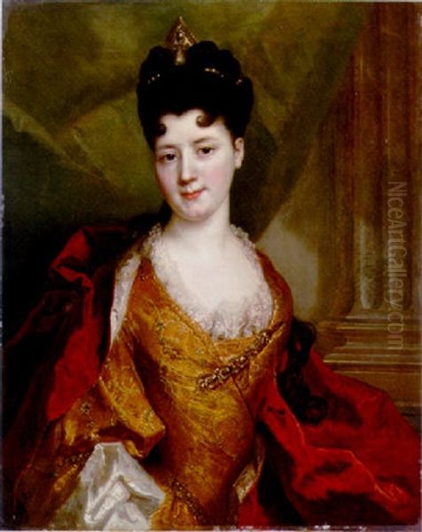 Portrait Of A Lady In An Embroidered Gold Dress With Red Mantle And Tiara (a Member Of The De Gagne De Perrigny Family?) Oil Painting by Nicolas de Largilliere