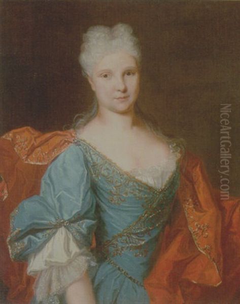 Portrait Of A Lady Wearing A Blue Embroidered Dress With A Scarlet Mantle by Nicolas de Largilliere