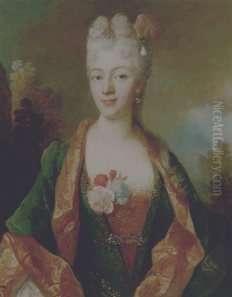 Portrait Of A Lady, Wearing A Green And Gold Dress Oil Painting by Nicolas de Largilliere