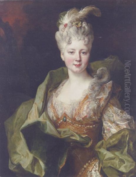 Portrait Of Mlle. Jeanne De Gagne Perrigny In An Embroidered Orange And White Dress And Green Wrap Oil Painting by Nicolas de Largilliere