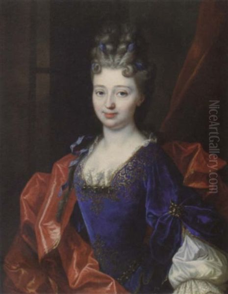 Portrait Of A Lady In A Gold-embroidered Blue Dress And A Red Mantle Oil Painting by Nicolas de Largilliere