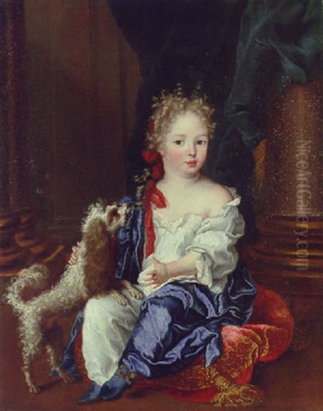 Portrait Of A Gril With A Poodle, In A White Chemise And Blue Shawl Oil Painting by Nicolas de Largilliere