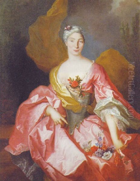 Portrait Of A Lady In A Pink Silk Dress And Yellow Wrap, Standing On A Terrace Oil Painting by Nicolas de Largilliere