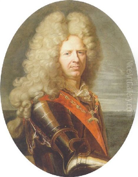 Portrait Of A Nobleman In Ceremonial Armor, Wearing The Order Of The Golden Fleece, A Seascape Beyond Oil Painting by Nicolas de Largilliere