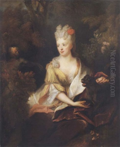 Portrait Of A Lady With Her Pet Dog And A Monkey Oil Painting by Nicolas de Largilliere