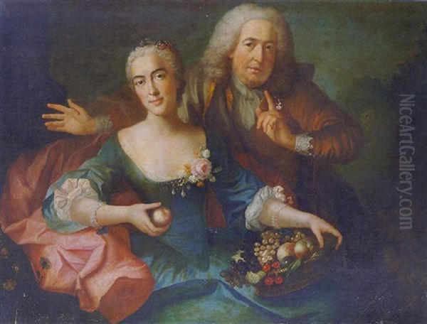 A Double Portrait Of A Gentleman In A Brown Coat And Lilac Mantle, And His Wife In A Blue Dress And A Pink Wrap Oil Painting by Nicolas de Largilliere