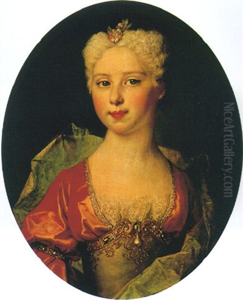 Portrait Of Marie-elisabeth Pommyer In A Red And Grey Dress And Wrap Oil Painting by Nicolas de Largilliere