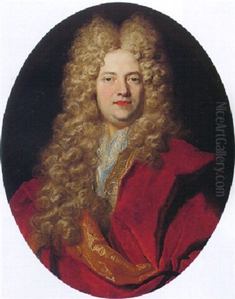 Portrait Of A Gentleman Wearing A Wig, A Red Morning Coat And A Blue Lace-trimmed Shirt Oil Painting by Nicolas de Largilliere