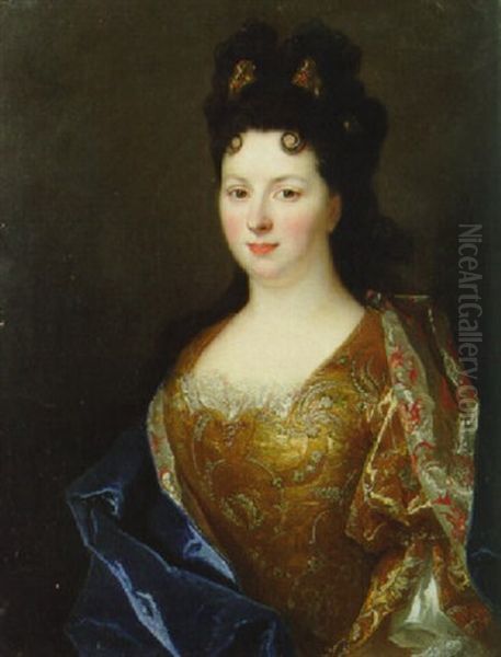 Portrait Of Madame Joffrin, Half-length, In A Gold-embroidered Dress With A Blue Silk Shawl by Nicolas de Largilliere