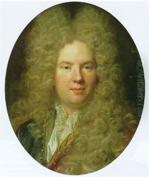 Portrait Of A Gentleman, Bust-length, In An Unbuttoned Coat And A Lace-edged Shirt, With A Full-bottomed Wig Oil Painting by Nicolas de Largilliere