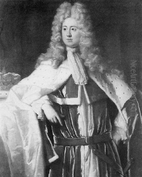 Portrait Of A Gentleman Wearing Scarlet And White Ermine Trimmed Robes Oil Painting by Nicolas de Largilliere