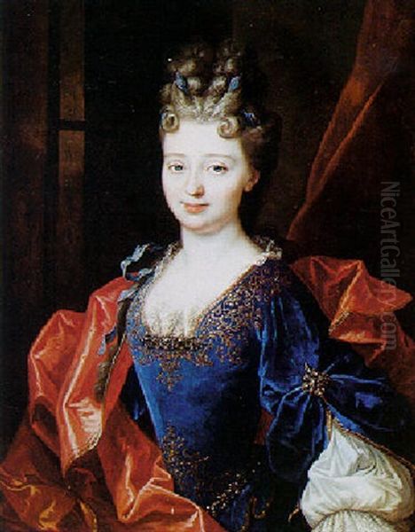 Portrait Of A Lady Wearing A Blue Velvet, Embroidered Dress Oil Painting by Nicolas de Largilliere