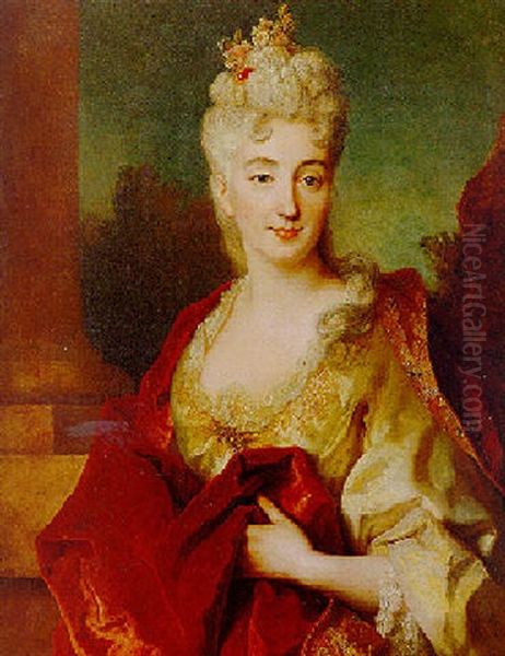 Portrait Of A Lady (comtesse De Courcelles?) Standing Before A Landscape And A Column Oil Painting by Nicolas de Largilliere