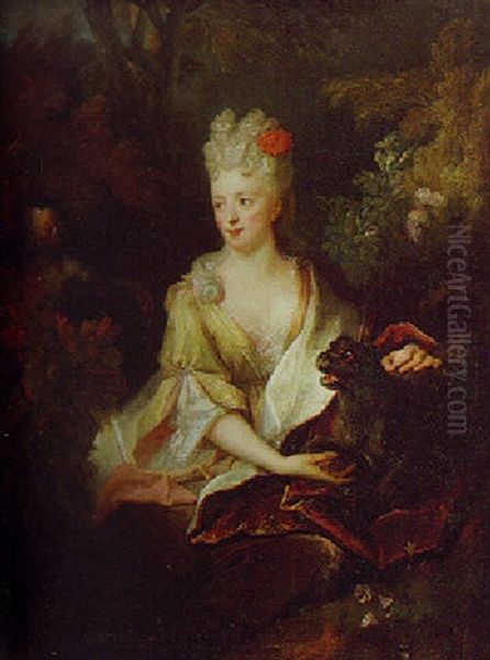 Portrait Of A Lady In A Gold Dress And Crimson Wrap, With Her Pet Dog Barking At A Monkey, In A Wooded Landscape Oil Painting by Nicolas de Largilliere