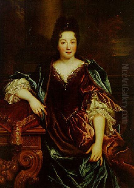 Portrait Of A Lady, Wearing A Red Velvet Dress With Lace Collar And Sleeves, A Landscape Beyond Oil Painting by Nicolas de Largilliere