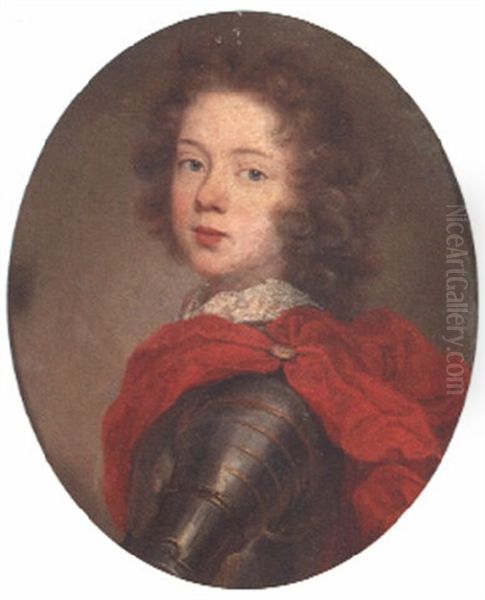 Portrait Of A Young Gentleman, Bust Length, In Armour And A Red Mantle Oil Painting by Nicolas de Largilliere