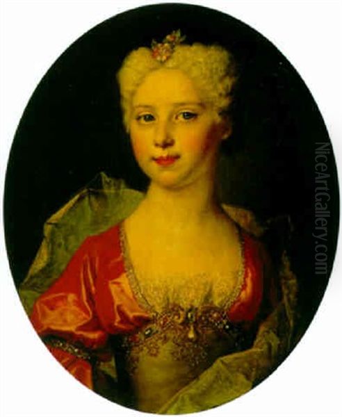 Portrait Of Marie-elisabeth Pommyer, Wearing A Red And Grey Dress Oil Painting by Nicolas de Largilliere