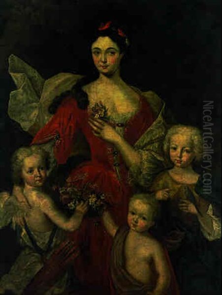 Portrait Of A Lady In A Red Dress With Two Children And A Putto Holding A Basket Of Flowers Oil Painting by Nicolas de Largilliere