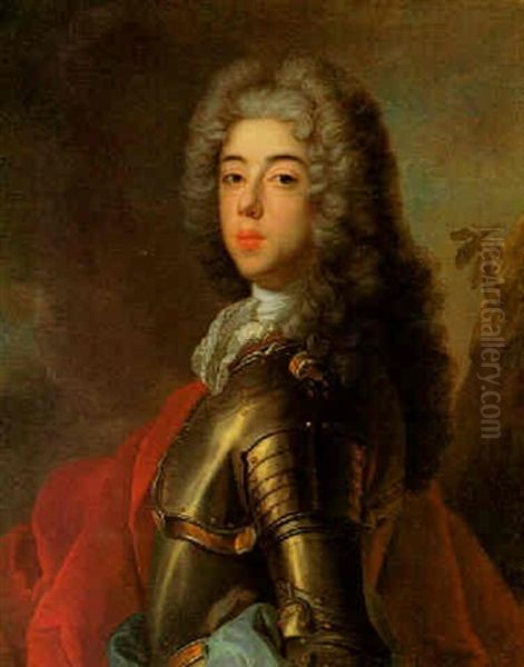 Portrait Of A Young Nobleman, Standing In Armour, With A Red Cloak Oil Painting by Nicolas de Largilliere