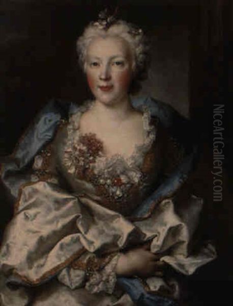 Portrait De Jeune Femme A La Robe Ornee D'oeillets Oil Painting by Nicolas de Largilliere