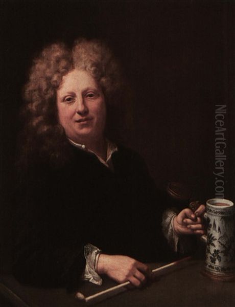 Portrait Of A Gentleman At A Table Holding A Covered Mug Andpipe Oil Painting by Nicolas de Largilliere