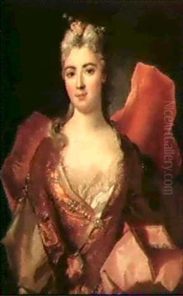 Portrait De Mme. La Marquise D'imfroit, Aime Du Regent,     Wearing A Gold Brocade Court Dress And Elaborate Pearl... Oil Painting by Nicolas de Largilliere