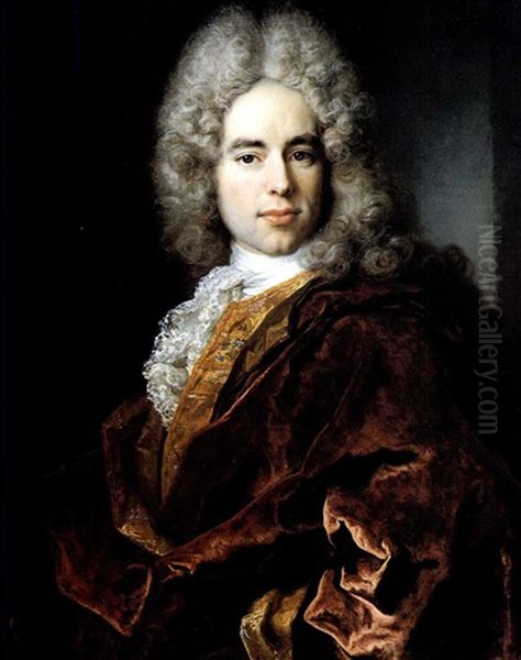 Portrait Of A Gentleman, Half Length, Wearing A Lace Jabot  And Burgundy Cloak. Oil Painting by Nicolas de Largilliere