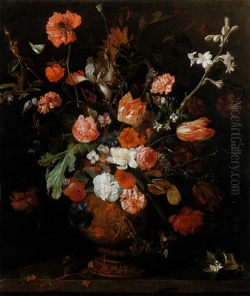 A Bouquet Of Summer Flowers Including Roses Tulips          Carnations Lilies And Irises In A Sculptured Urn Standing On Oil Painting by Nicolas de Largilliere