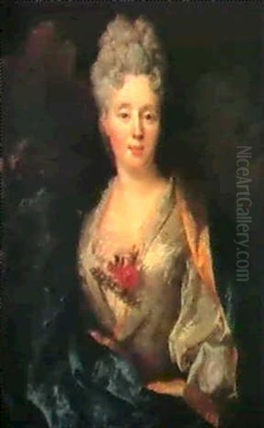 Portrait De Jeune Femme En Robe Blanche Et Manteau Bleu Oil Painting by Nicolas de Largilliere