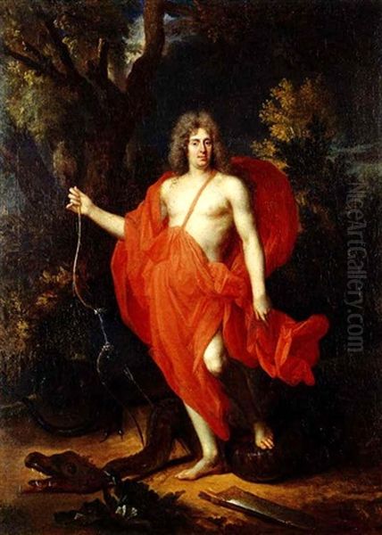 Portrait Of A Gentleman In Theguise Of The God Apollo       Treading On The Defeated Monster Python Oil Painting by Nicolas de Largilliere