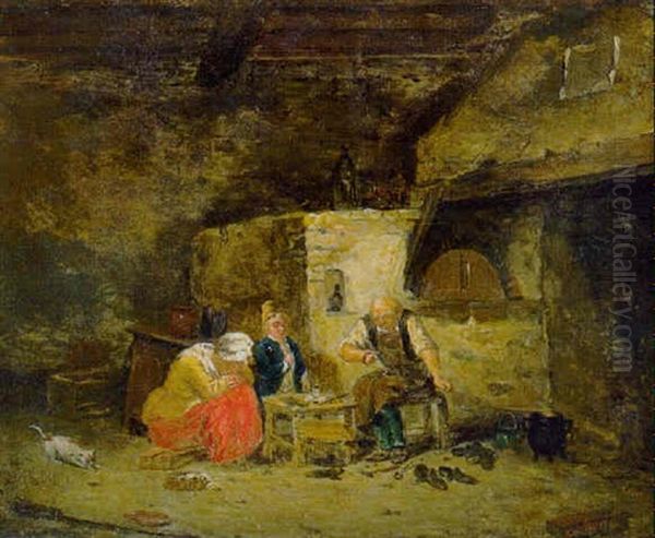 A Cobbler At Work And His Family In An Interior Oil Painting by Nicolas Louis Albert de LaRiva