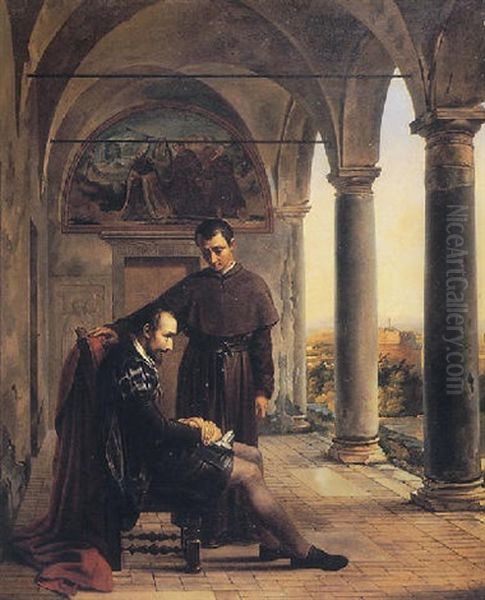 Le Tasse Convalescent Au Couvent De Saint Onofrio A Rome Oil Painting by Charles Philippe Auguste de Lariviere